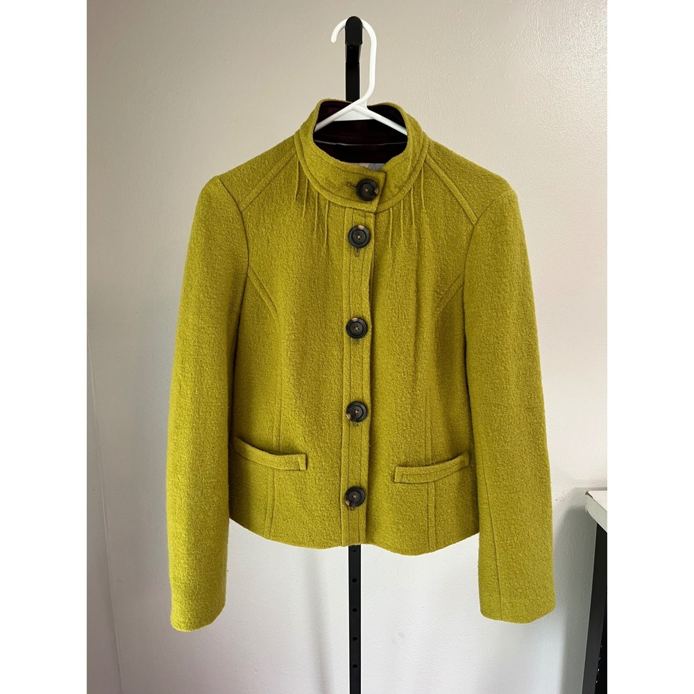 Boden Boiled Wool Jacket Green Size 6 Mock Neck Button Front Chartreuse WE364